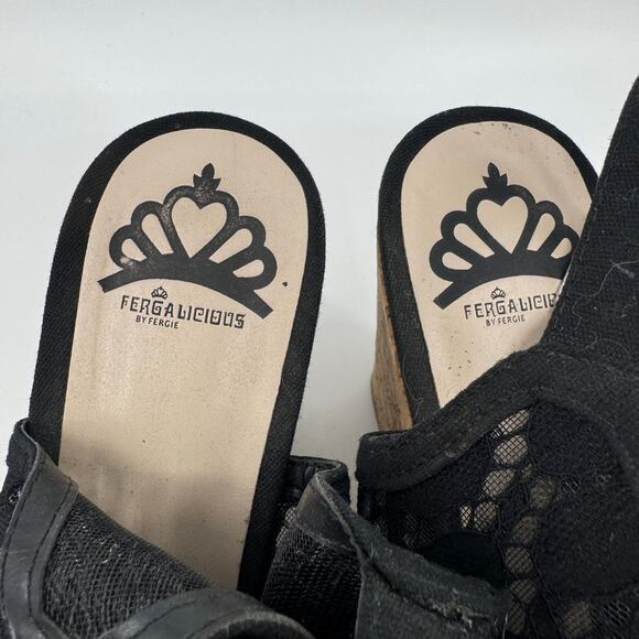 Fergalicious by Fergie Lace Peep Toe Wedge Heel Sandals Slingback Black Womens 5 - Picture 5 of 10